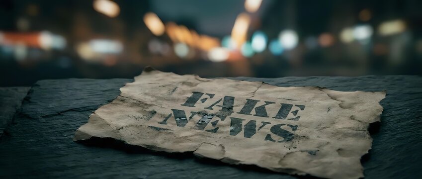 Crumpled fake news newspaper headline lies on dark pavement with blurred city lights background, representing media misinformation and propaganda concepts.
