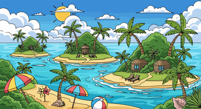 Ilustraci&oacute;n de dibujos animados de id&iacute;licas islas tropicales con palmeras, playas de arena, bungalows y sombrillas, un para&iacute;so de vacaciones.