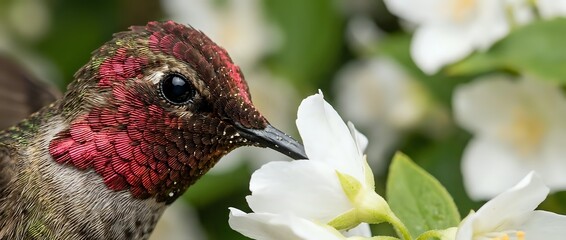 Fototapeta premium Male Anna's hummingbird with iridescent red throat feeding on white jasmine flowers in spring garden setting for nature and wildlife photography.