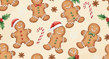 Patr&oacute;n navide&ntilde;o sin costuras con galletas de jengibre, bastones de caramelo y acebo, perfecto para la temporada festiva.