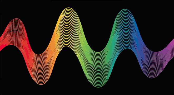 Onda sonora digital vibrante con un espectro de colores vivos que representa frecuencia y ritmo en un fondo oscuro.