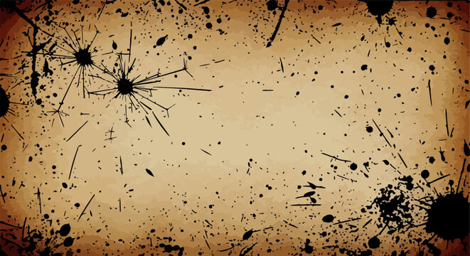 Fondo abstracto con textura de papel viejo, salpicaduras de tinta negra y grietas de impacto para un estilo grunge.