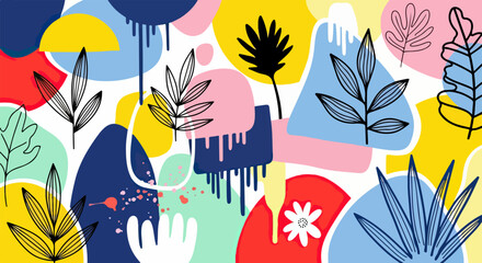 Fototapeta premium Ilustración vectorial abstracta con formas orgánicas, hojas botánicas, salpicaduras de pintura y goteos de colores vibrantes sobre fondo blanco.