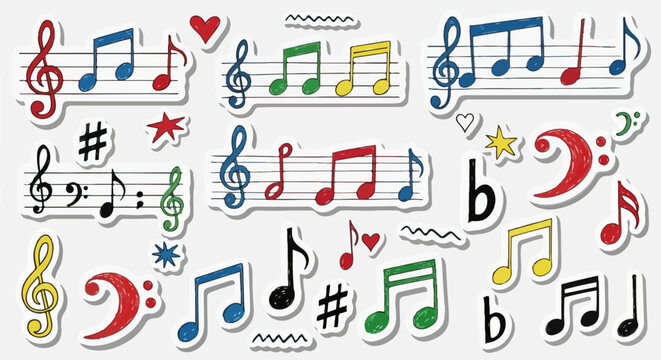 Colecci&oacute;n vibrante de notas musicales coloridas, claves y s&iacute;mbolos en estilo pegatina con sombras, ideal para dise&ntilde;o gr&aacute;fico y temas musicales.