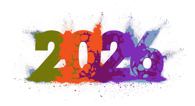 Vibrant 2024 typography with colorful splashes on white background for new year celebrations