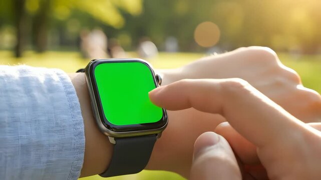 Close-up of a persons hand interacting with a smartwatch featuring a green screen in a park setting.
