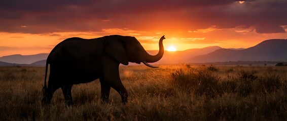 Naklejka premium African elephant silhouette walking across savanna grassland during golden sunset with mountain ranges in background creating dramatic wildlife scene.