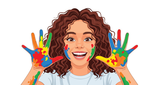 A smiling woman with curly brown hair holds up her hands covered in vibrant multi-colored paint against a plain white background.