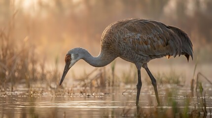 Fototapeta premium Sandhill crane wading in shallow water during golden hour sunrise, feeding with head down in wetland marsh habitat for wildlife photography and nature content.