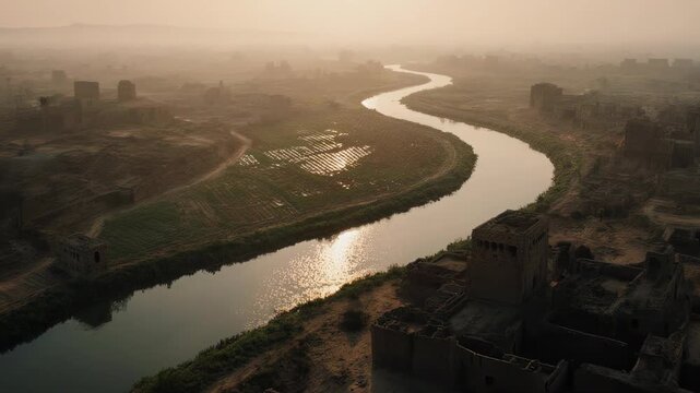 Cinematic sunrise aerial over ancient river civilization with mud brick buildings