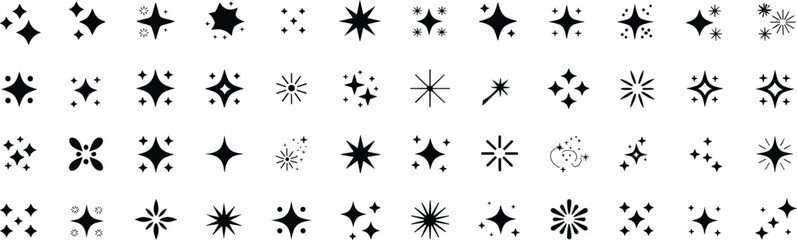 Star sparkle icons, black silhouette design, twinkle symbols, decorative elements, magic shine, burst shapes, graphic design, UI illustration, visual emphasis © MdAbdul