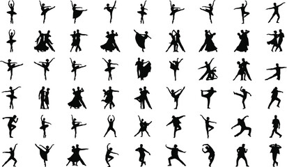 Dance and ballet silhouette collection featuring dancers performing various artistic poses, classical ballet movements, and expressive performance art illustration set