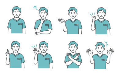 スクラブ姿の男性医療従事者の表情・ポーズイラストセット（上半身・8種類）