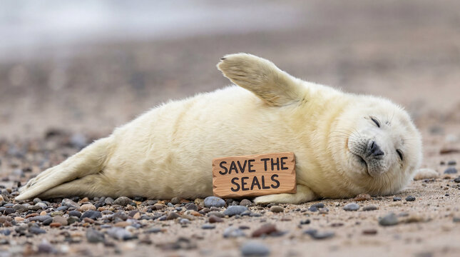 White harp seal pup lying on sandy beach with save the seals message for wildlife protection education poster and environmental awareness content