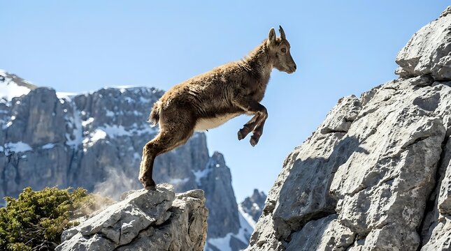 Wild mountain goat leaping between rocky cliffs in alpine landscape with snow-capped peaks. Agile wildlife demonstrating natural climbing abilities in rugged terrain.