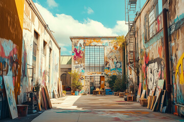 Fototapeta premium Abandoned canvas art on modern urban street with graffiti on the building wall.