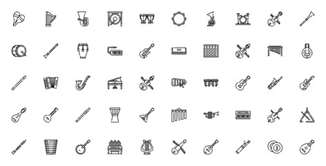 Music Instruments icon set. Vector illustration pack featuring Maracas, Harp, Tuba, Gong, Drums, Guitar, Piano, Violin, Flute, Saxophone, Trumpet and more. © wang