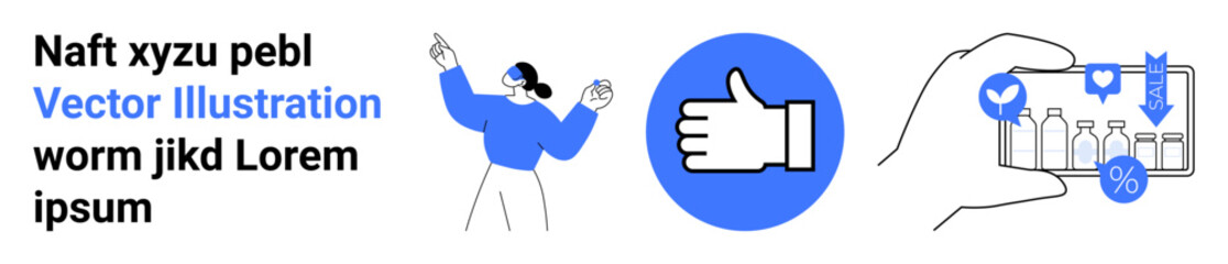 Obraz premium Digital marketing, e-commerce savings, brand loyalty, consumer trends, online shopping, approval. Female figure raising hands, thumb icon hand holding shopping app. E-commerce savings and digital