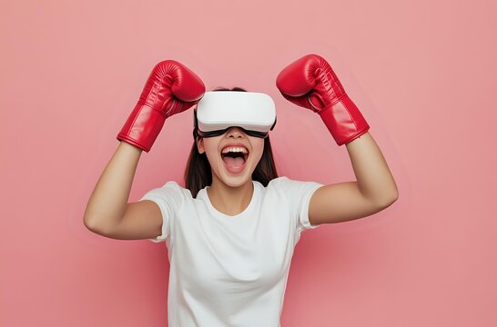 Excited young woman wearing VR headset and red boxing gloves celebrating victory on pink background. Virtual reality gaming and sports training concept.