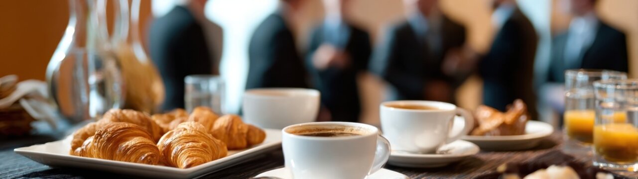 Panoramic banner close-up of a corporate coffee break table with fresh croissants and juice featuring a blurred background of business people networking  discussing market trends during  conference