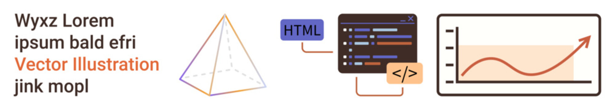 Data analysis, coding education, programming concepts, technology, business growth, IT learning. Pyramid, code snippets and rising chart. Data analysis and coding education