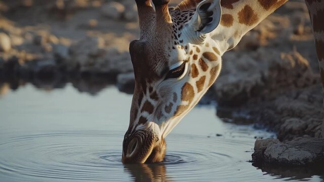 Wild giraffe bending to drink from water hole in arid terrain.