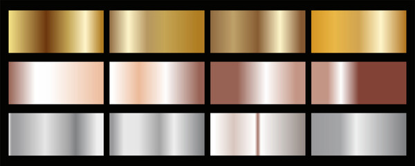 Collection of gold silver bronze and rose gold gradient texture background vector