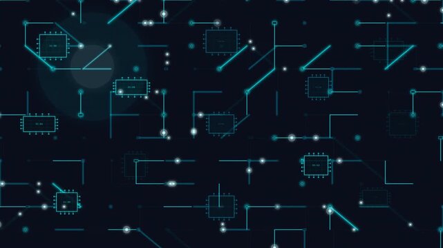 A futuristic, abstract digital background featuring intricate circuit patterns and glowing nodes