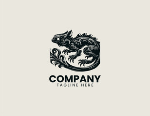A stylized fantasy amphibian creature with elongated body fins and claws is presented in a detailed vintage engraving vector illustration style on a clean white background suitable for modern branding