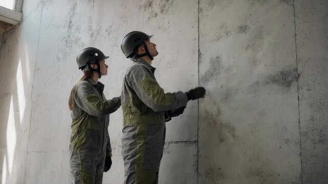 Two industrial workers in hard hats inspect a concrete wall and log data on a handheld device inside a construction site, focusing on safety compliance and quality control.