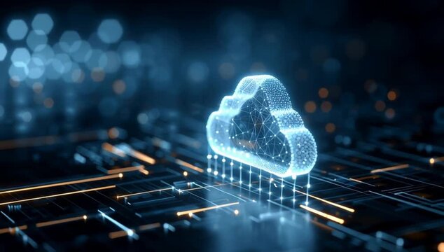 digital background featuring a glowing cloud icon with connections, surrounded by digital data and code elements on a dark blue background Generative AI