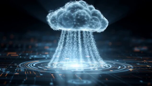 cloud technology featuring a glowing blue and white color palette with elements like data connections or code on dark background symbolizing idea that ai can enhance computer security Generative AI