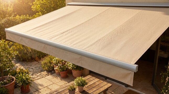 Beige retractable awning shades a sunny outdoor patio space with green plants