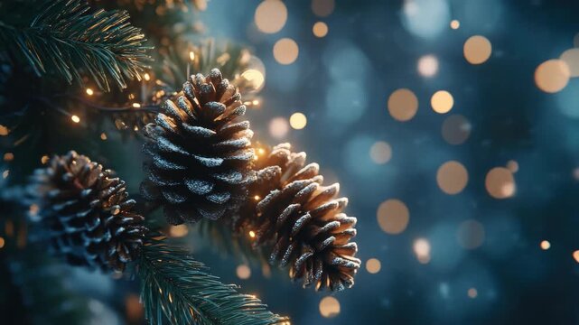 Illuminated pine branches with bokeh lights