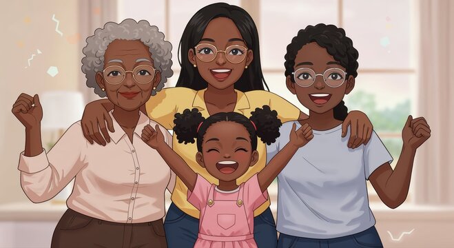 Generations of Joyful Moments: A heartwarming illustration showcases four generations of women, embracing each other with smiles and radiating love.  A testament to family bonds and shared happiness.