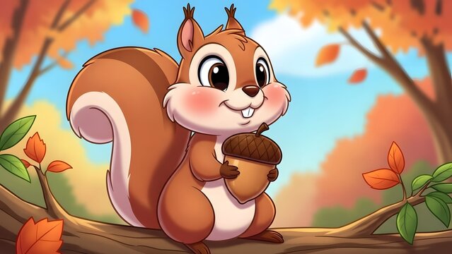 A cartoon squirrel enjoying an acorn on a tree branch surrounded by autumn leaves in a serene forest landscape viewed from a slightly elevated angle.