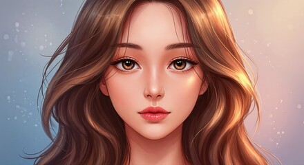 Fototapeta premium Radiant Portrait of a Woman: A captivating close-up of a woman with long, flowing brown hair, gazing directly at the viewer with an inviting and serene expression.