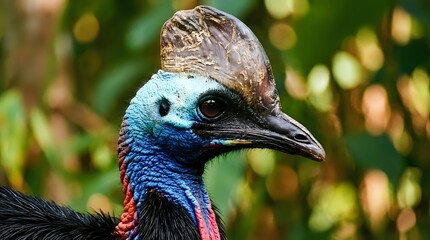Naklejka premium Cassowary bird head portrait with vibrant blue and black feathers, distinctive casque crest, in tropical rainforest habitat for wildlife photography projects.