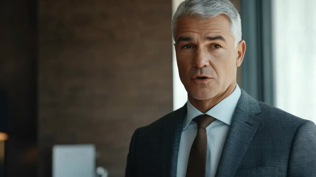 Portrait of a man in business suit looking serious, indicative of workplace or corporate scenario, possibly considering important decision