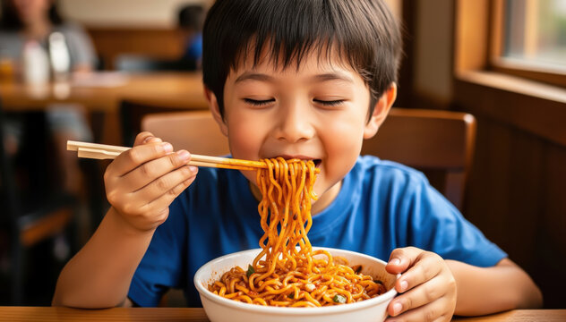 Joyful Noodle Delight: A young child savoring a bowl of delicious noodles with chopsticks, expressing pure joy and contentment. A warm, intimate moment of culinary enjoyment