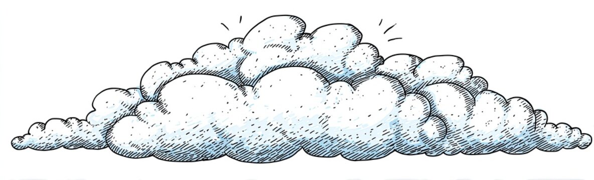 A hand-drawn fluffy cloud with shading and detailing, featuring a burst of light