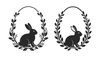 Two black silhouette rabbits in oval laurel wreaths on white background