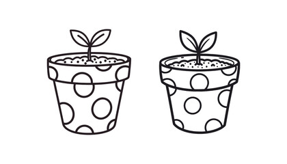 Two small plants growing in polka dot pots side by side