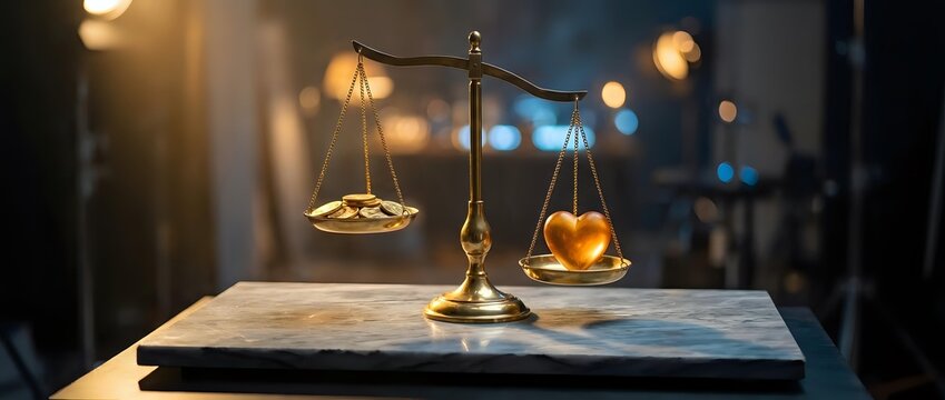 Golden scales of justice with heart symbol on marble surface in warm courtroom lighting representing legal ethics and compassionate law practice.