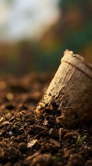 Fototapeta premium Burlap sack filled with rich organic soil on garden ground with natural bokeh background for sustainable farming and gardening projects.