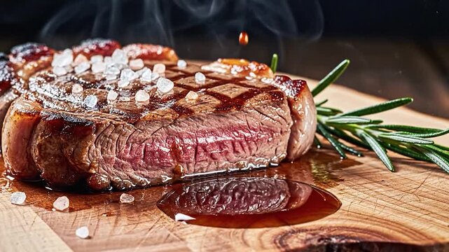 Hot and juicy grilled ribeye steak, medium rare, seasoned with fresh rosemary and coarse sea salt, steaming on a dark rustic wooden board with bokeh lighting.