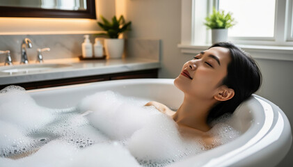 Naklejka premium Serene Bathing: A young woman luxuriates in a bubble bath, lost in peaceful contemplation. This scene showcases the ultimate relaxation.