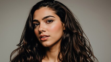 Naklejka premium Captivating Portrait: A stunning woman with dark wavy hair gazes directly into the camera, her captivating eyes hinting at a story untold.