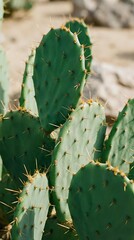 Green prickly pear cactus pads with golden spines in natural desert environment, drought-resistant succulent plant for landscaping and botanical studies.