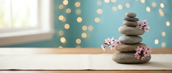 Obraz premium Zen stone stack with cherry blossoms on wooden surface against turquoise wall with warm bokeh lights creating peaceful spa atmosphere for wellness.